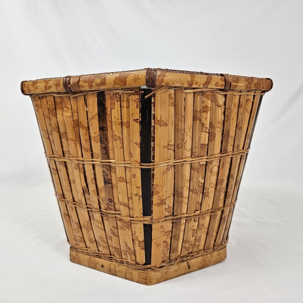 Vintage Tortoiseshell Bamboo Basket Planter Wastepaper Trash Can Boho MCM Rattan - Picture 6 of 10